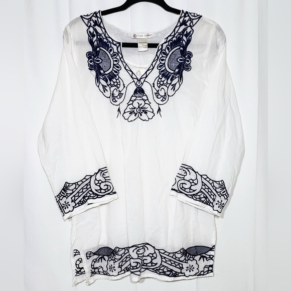 Boho tunic blouse, w/blue embroidered accents. NWT - Picture 5 of 10